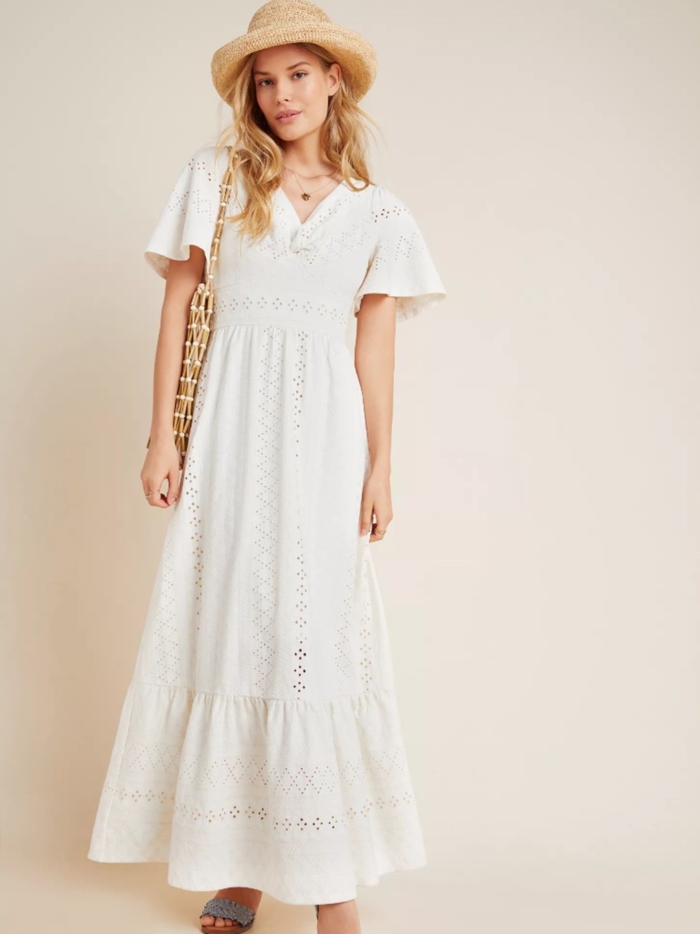 Maeve Anthropologie Cotton Midi Dress Cream Eyelet Cottagecore Size Medium